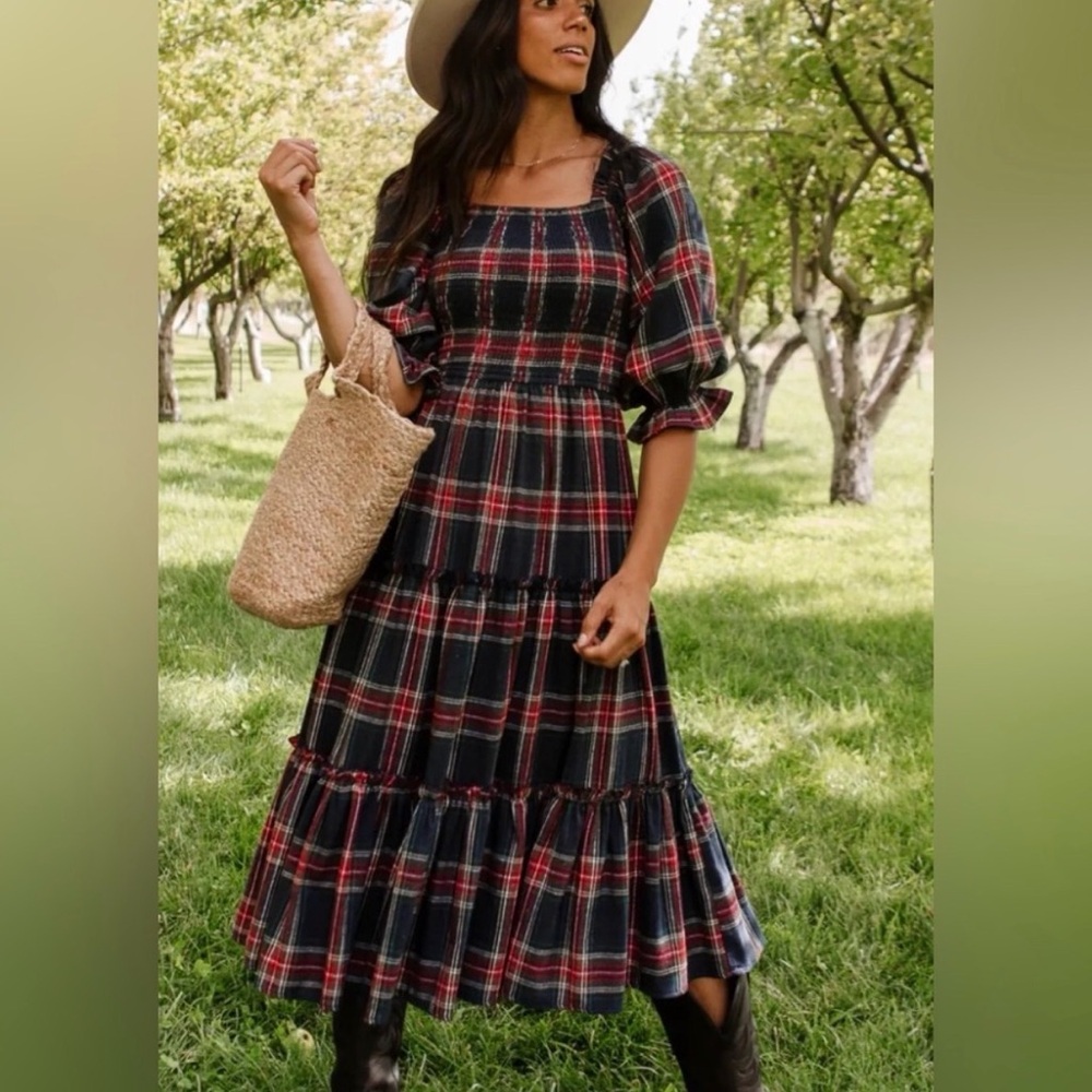 Plaid Tiered Midi Dress with Puff Sleeves - Navy Blue and Red